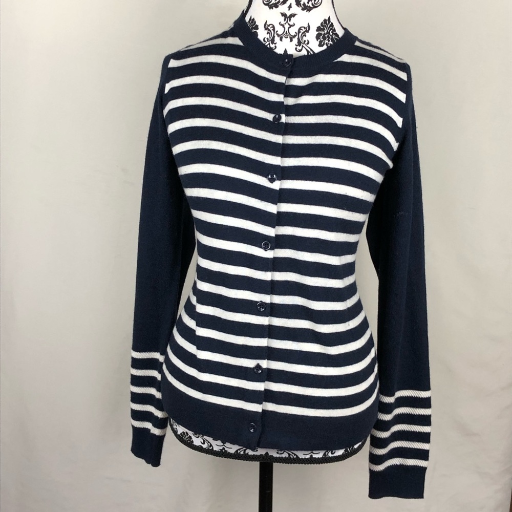 Womens Navy And White Striped Button Down Cardigan